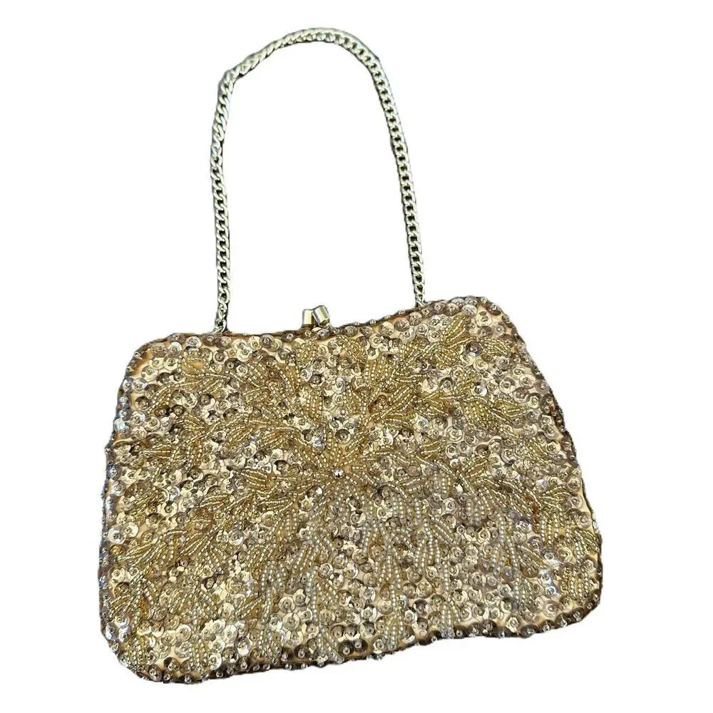 Vintage Gold Beaded Evening Bag Art Deco Flapper Hong Kong Kiss Lock Chain